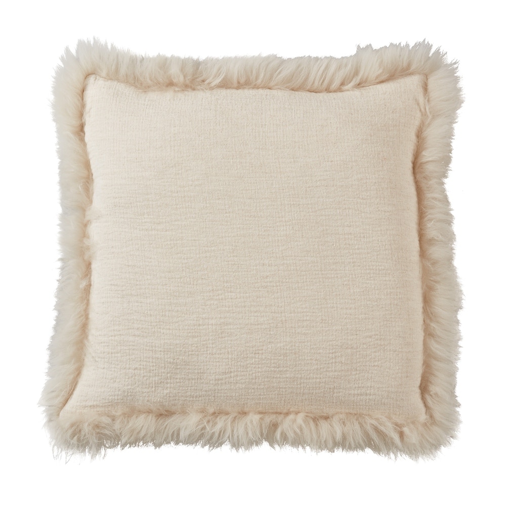 Cozy and Stylish Linen Poly Filled Throw Pillow with Plush Lamb Border