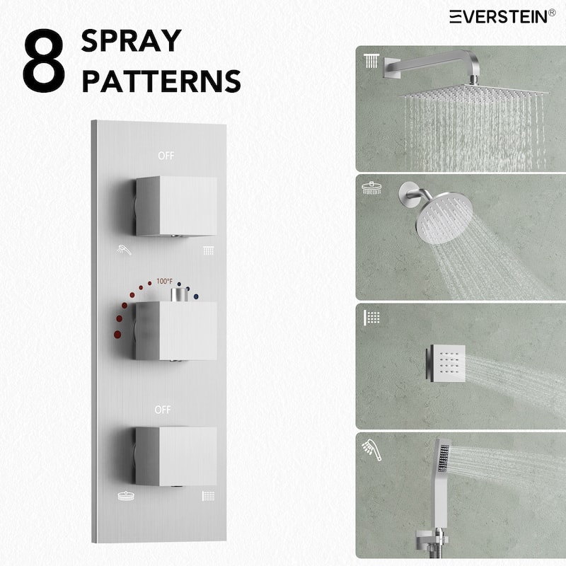 Thermostatic Dual Shower System 12" and 6" Rainfall Shower Head with 6 Body Jets & Handheld Shower