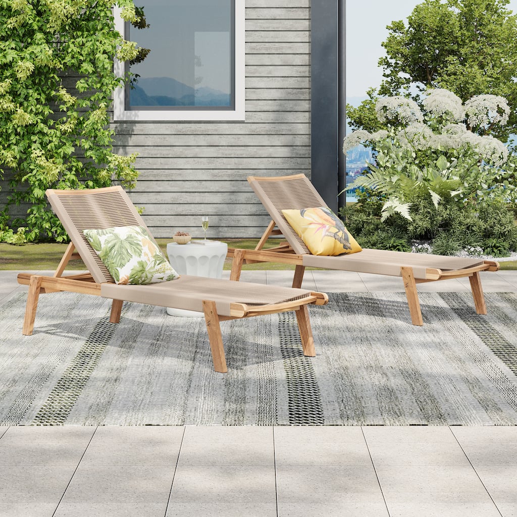 Roomfitters Catania Outdoor Acacia Wood Chaise Lounge with Rope Seat, Adjustable Recliner, Teak Finish Set of 2