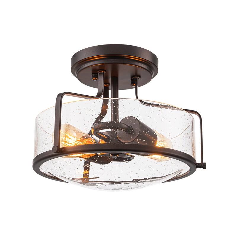 Farmhouse 2-Light Clear Seeded Glass Semi-Flush Mount Ceiling Light - N/A