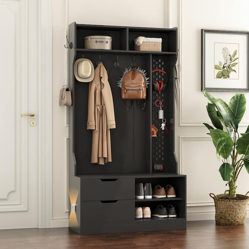 Morden Hall Tree with 6 Hooks and Storage Bench for Entrance - Black