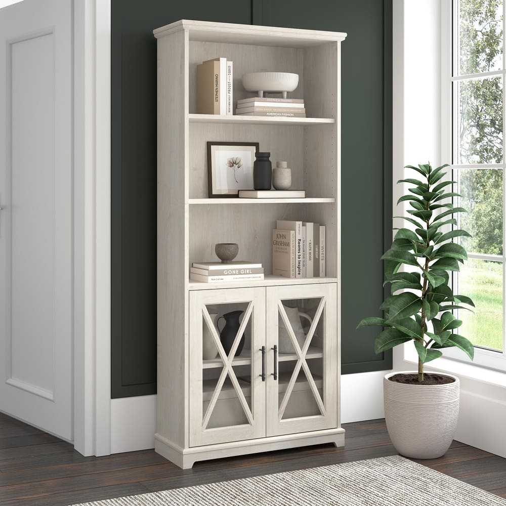 Lennox Farmhouse 5 Shelf Bookcase with Glass Doors by Bush Furniture
