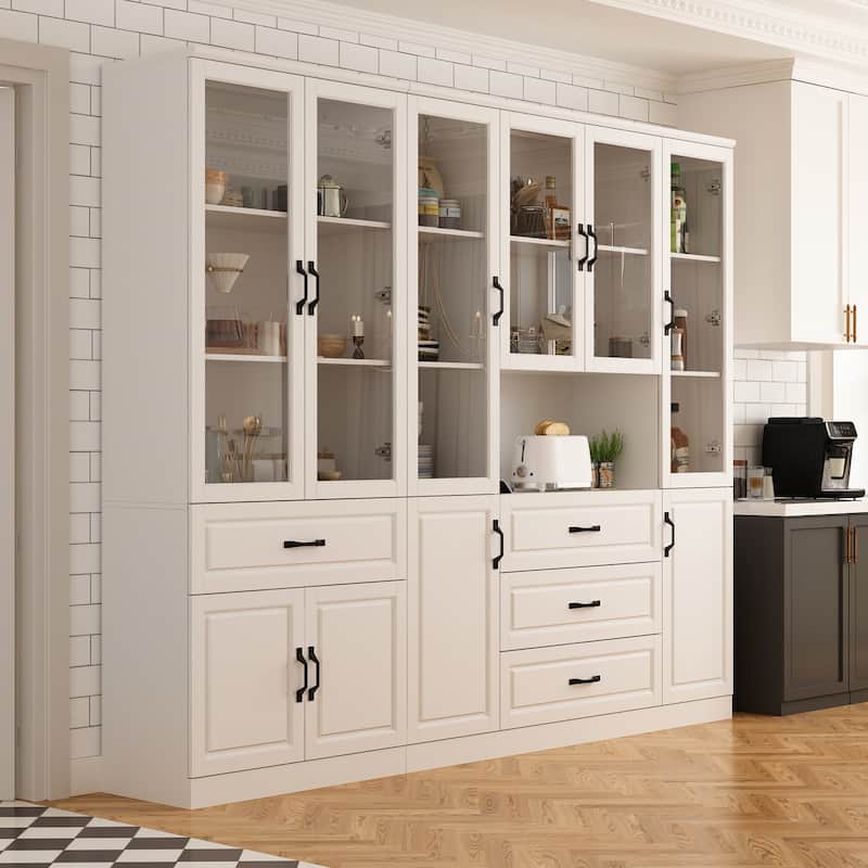 78.7"Modular White Curio Bookcase Cabinet w/Glass Doors Buffet Display - 94.5"