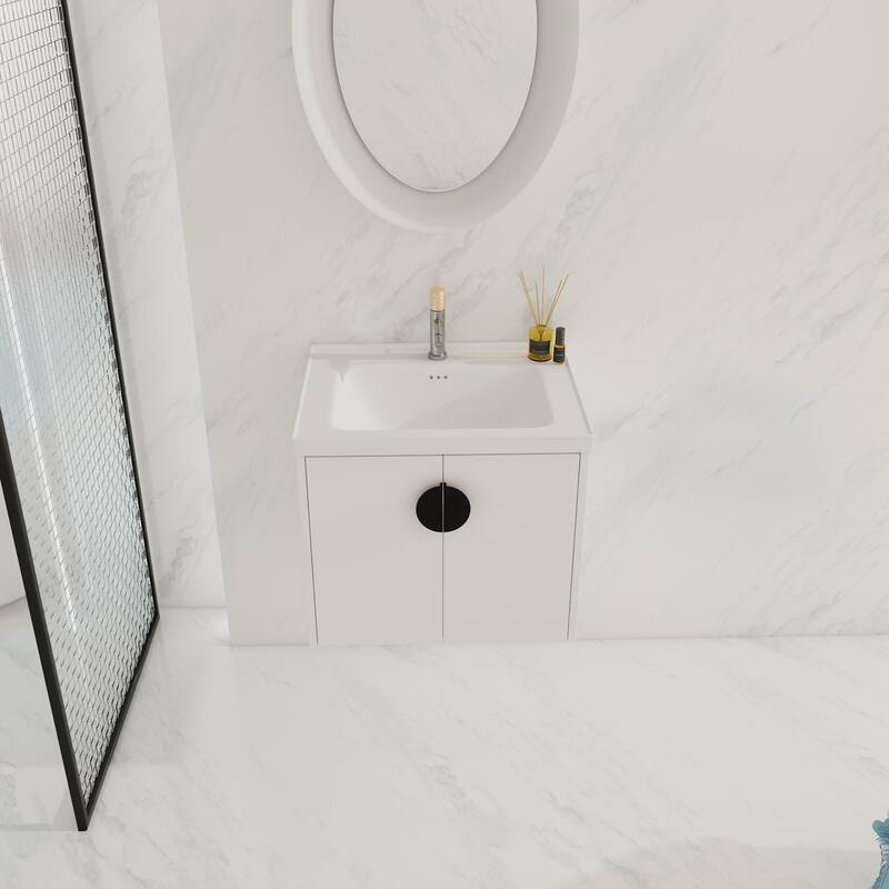 Wall-Mounted Bathroom Vanity with Ceramic Basin, Soft-Close Doors, and Customizable Metal Handles