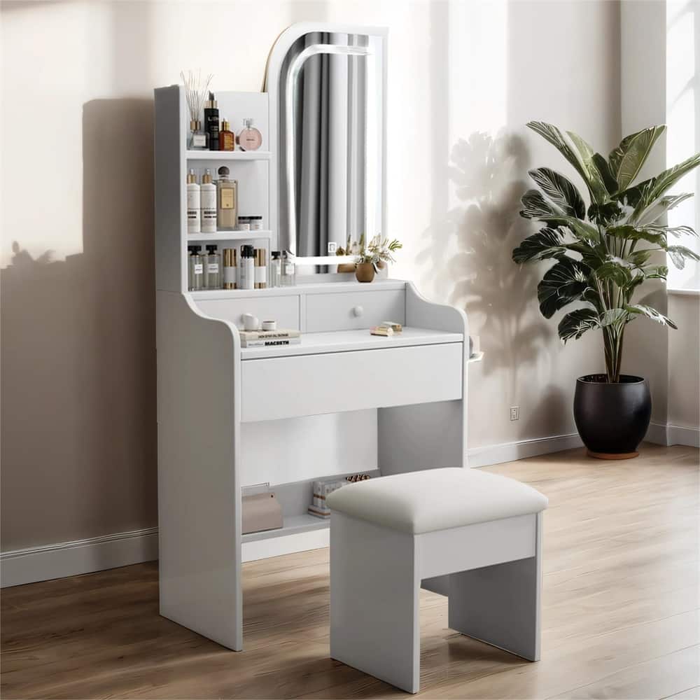 Vanity Set with Mirror and 3 Color Lights,Hair Dryer Holder and Chair