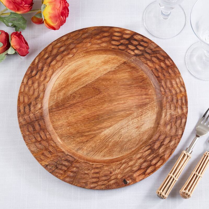 Textured Mango Wood Decorative Charger Plates (Set of 4) - Rustic Round Table Chargers for Dining & Entertaining, 13"