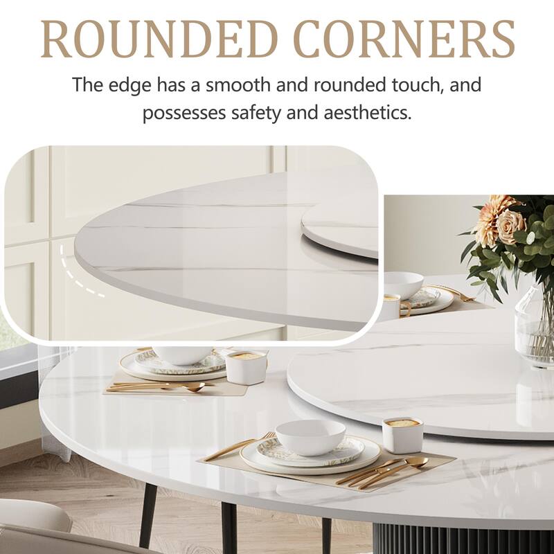 59" Modern Round Dining Table for 6-8, Glossy White Sintered stone Table top, Steel Grille column base