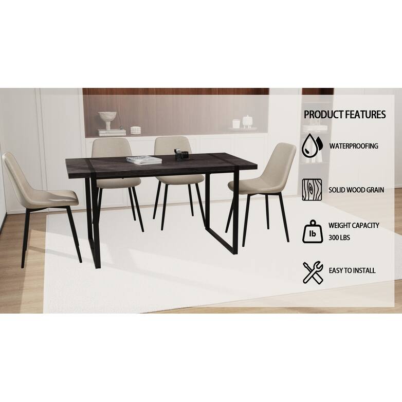 Modern Style 5-Piece Dining Set with Rectangular Metal Base Table and 4 Square Corner Suede Dining Chairs