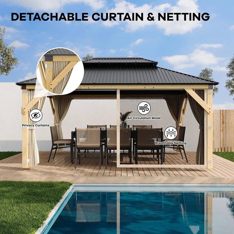 12'x16' Wood Hardtop Gazebo for Patio, Deck, Backyard, Lawn, and Garden - 12X16 Ft