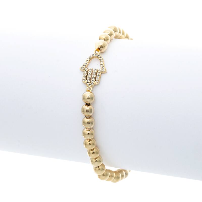 Horizontal Open CZ Hamsa Charm Polished Bead Bracelet - Gold