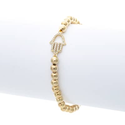 Horizontal Open CZ Hamsa Charm Polished Bead Bracelet - Gold