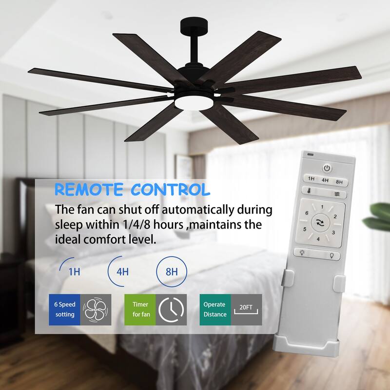 72-Inch Ceiling Fan with Wooden Blades and Timer Function, LED Lights
