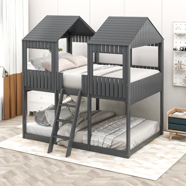 slide 2 of 26, Full Over Full WoodBunk Bed with Roof, Window, Guardrail, Ladder Grey - Full