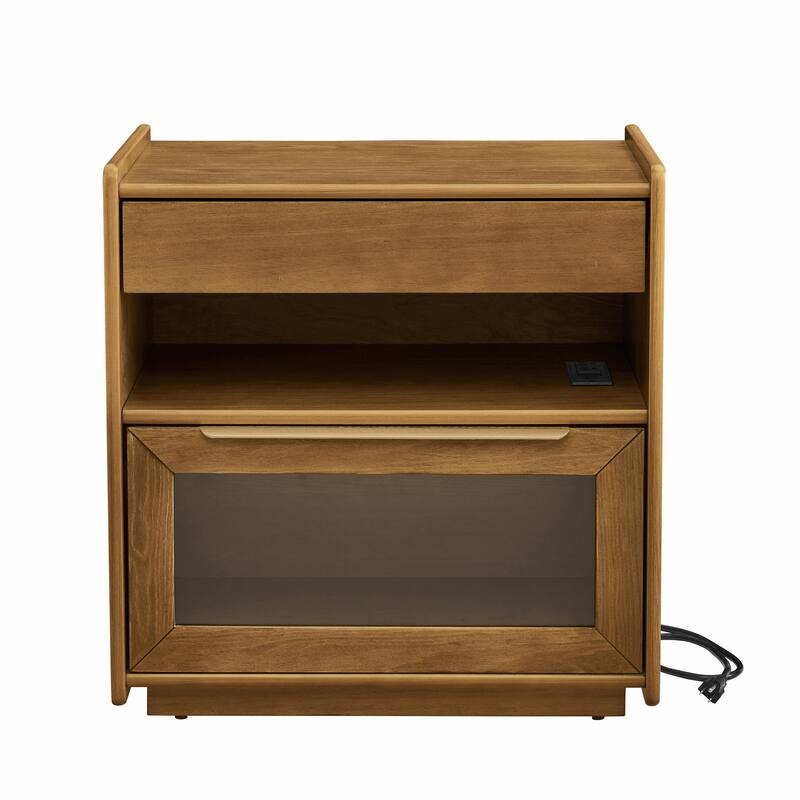Mid Century Modern Nightstand with Charging Station & Outlet Hole & 2 Drawers