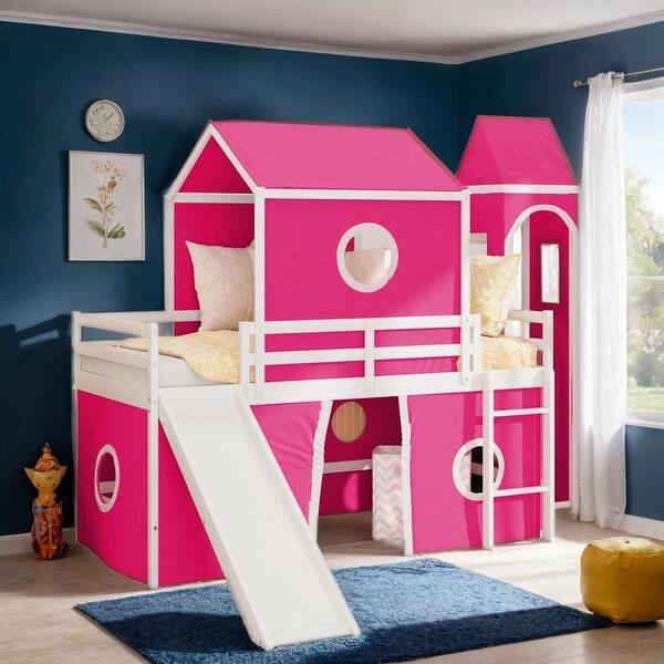 slide 2 of 18, Impression Playhouse Inspired Bed, Twin Size Loft Bed with Slide Pink Tent and Tower, Spacious Under Bed Space Pink