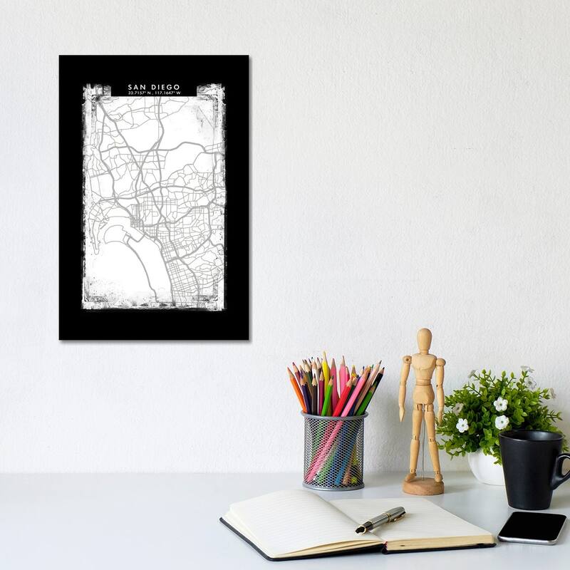 iCanvas "San Diego City Map Black White Grey Style" by WallDecorAddict Canvas Print - 12x8x0.75
