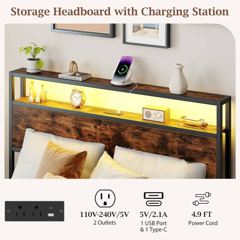 Gymax Full Size LED Bed Frame w/2-Tier Storage Headboard & 4 Drawers