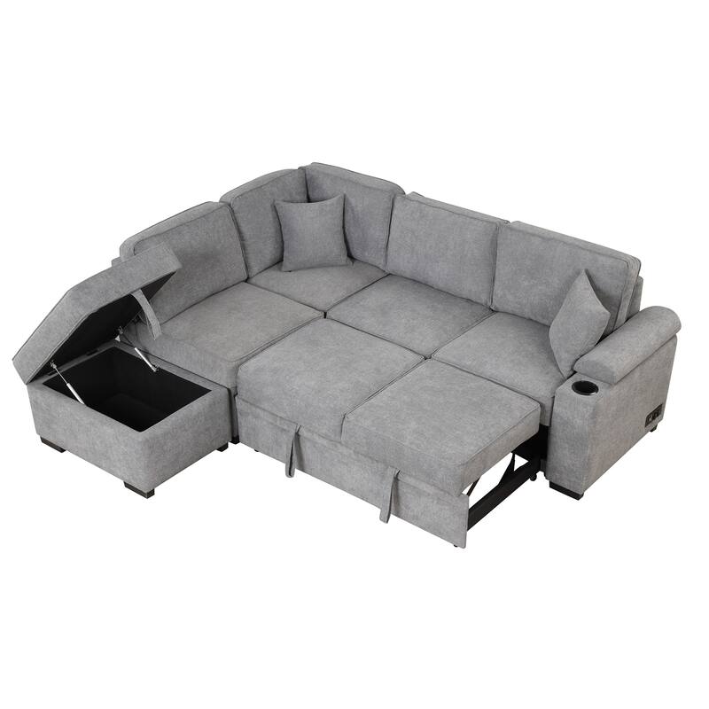 Sleeper Sofa Bed with Storage Ottoman, 2 in 1 Convertible Sectional Sofa Couch, Linen 4-Seater Sofa with Cup Holder