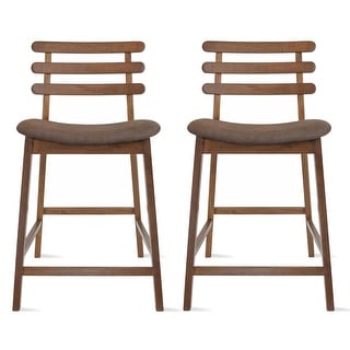 Set of 2 Counter Stools Open Back Medium Dark Wood Cushion Tall Chairs For Restaurant Bar Home