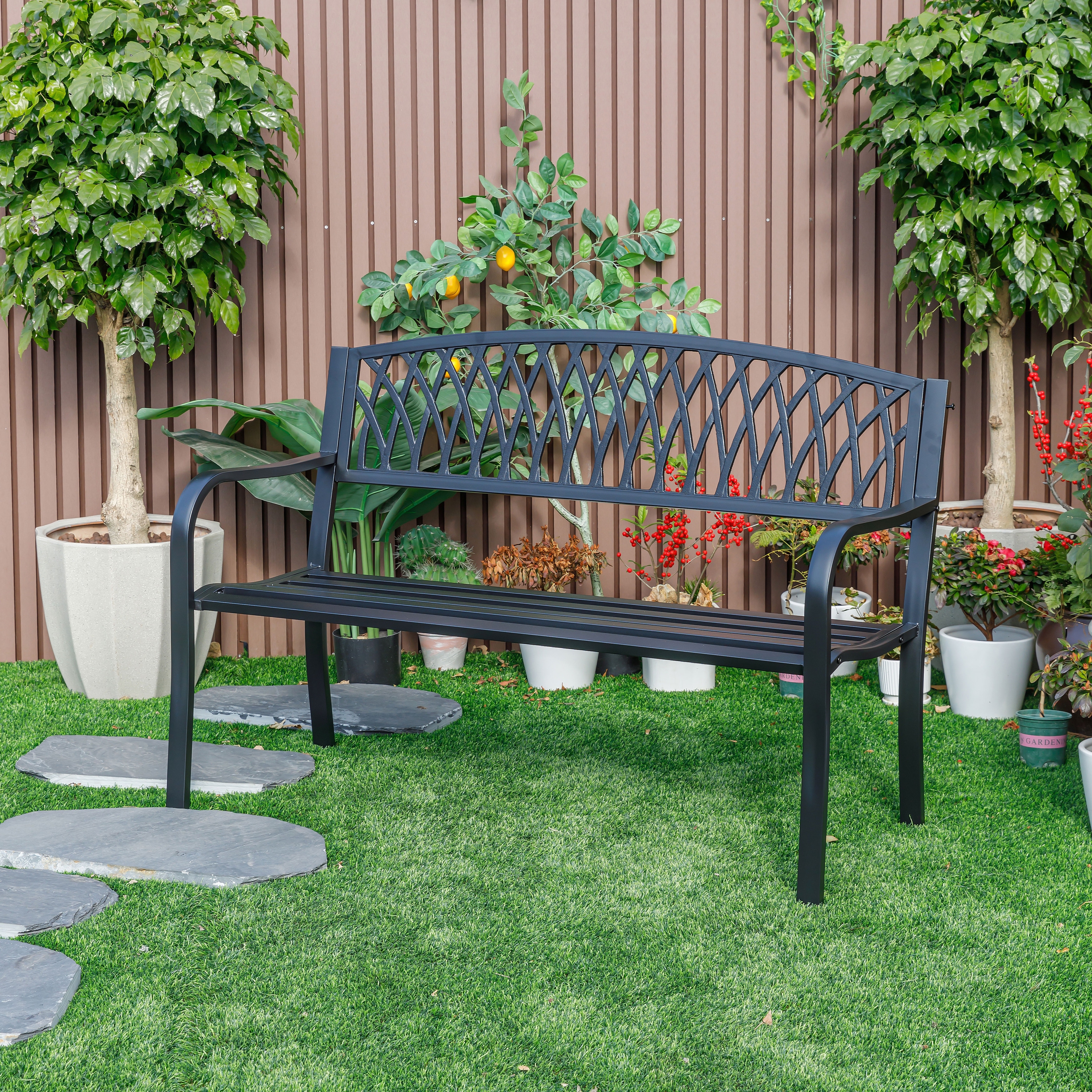 Classic Black Steel and Cast Iron Garden Bench for Outdoor Serenity
