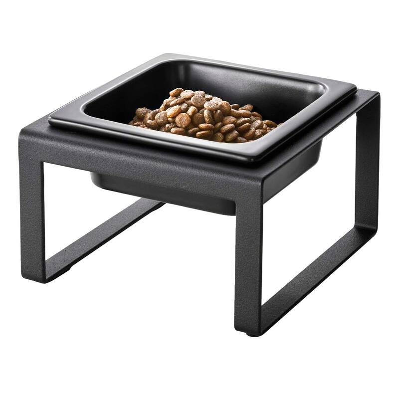 Yamazaki Home Single Pet Food Bowl - Two Styles, Steel and Ceramic, Tall, 1.25 - L 6.1 x W 5.91 x H 3.94 inches - Black