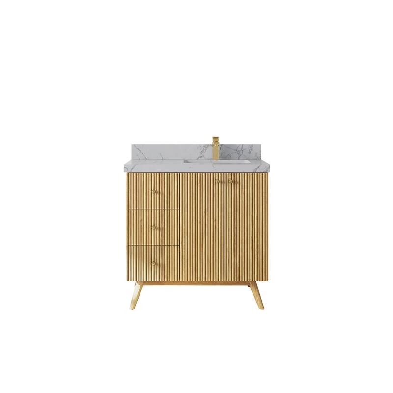 Willow Collections 36 in. W x 22 in. D Pasadena Solid Te Right Offset Sink Bathroom Vanity with Countertop - 2"Venatino Quartz - Light Natural