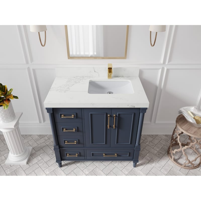 Willow Collections 36 in. W x 22 in. D Aberdeen Right Offset Sink Bathroom Vanity with Countertop - 2" Calacatta Nuvo - Hale Navy Blue