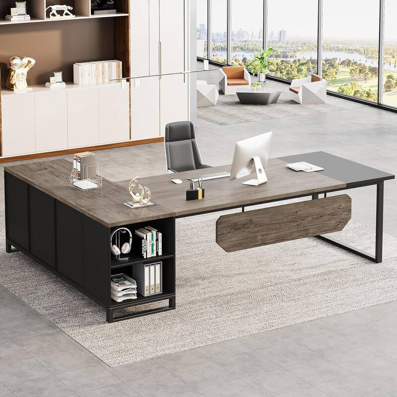 70.8" L-Shaped Executive Desk with 55" File Cabinet, Large Computer Desk with Storage Shelves/Cabinet for Home Office - Black+Grey