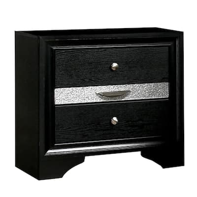 Black/Silver 2 Drawer 26 in. W Nightstand with 1 Jewelry Drawer