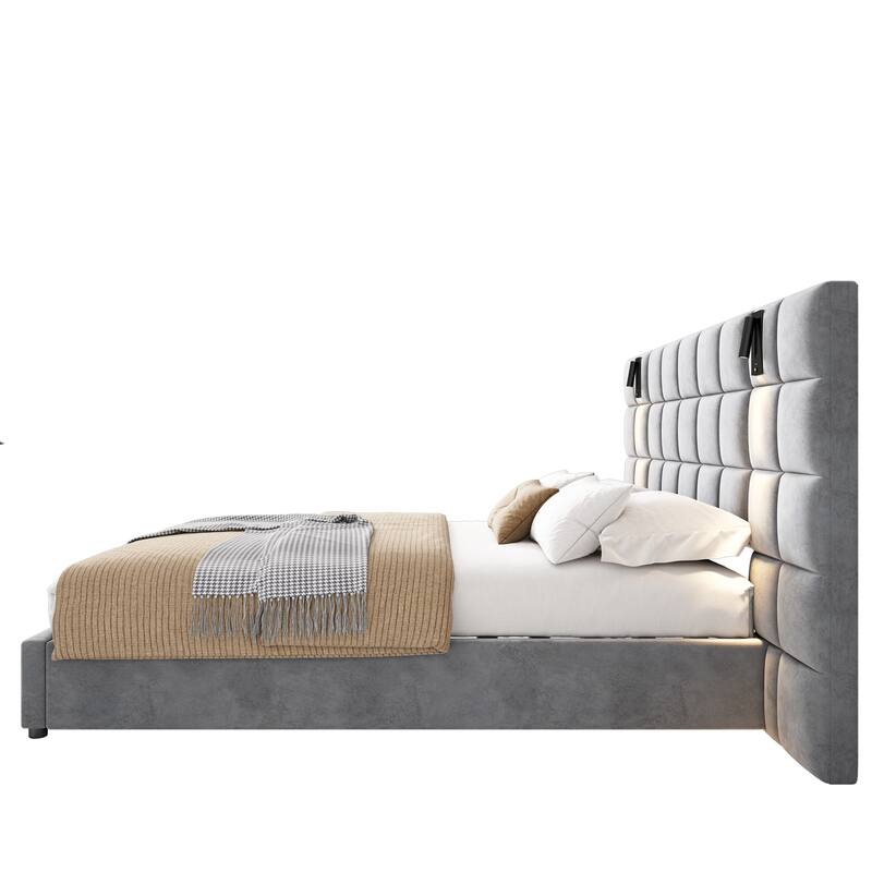 Grey Velvet Upholstered Queen Bed with USB Reading Lamp and Wide Headboard