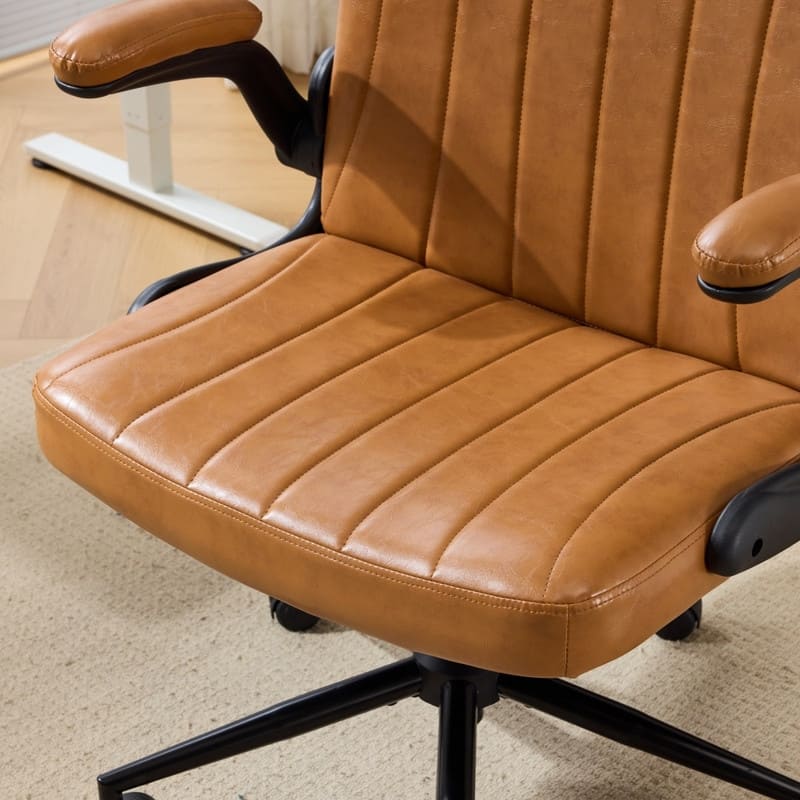 Oil-Waxed Leather Swivel Chair With Flip-Up Armrests