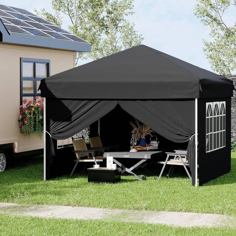 Instant Setup Portable Outdoor 10x10 Pop Up Canopy Tent with 4 Waterproof Sidewalls - Black