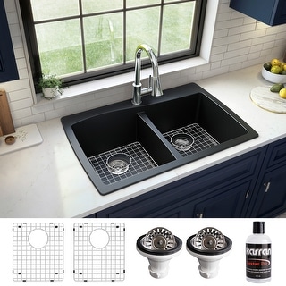 Karran Drop-In Quartz 34 in. 1-Hole 50/50 Double Bowl Kitchen Sink Kit