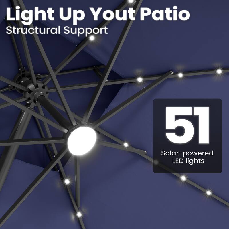 12 x 9 FT Outdoor Patio Cantilever Umbrella with Solar Lights Double Canopy 360 Rotation Tilt