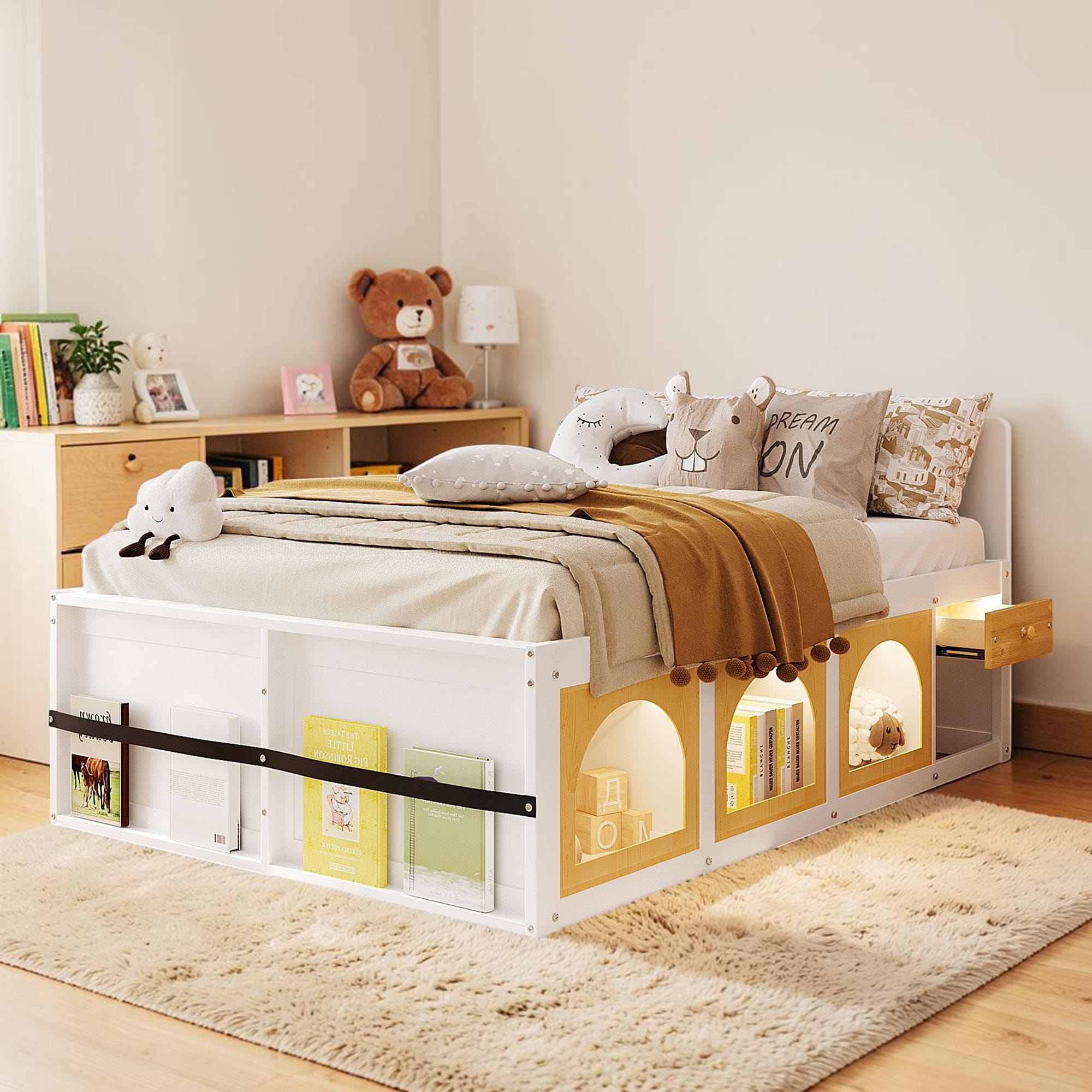 Wood Platform Bed with Bookshelf and LED Light, Bed Frame with Storage Cabinet and Drawer, Modern Bed