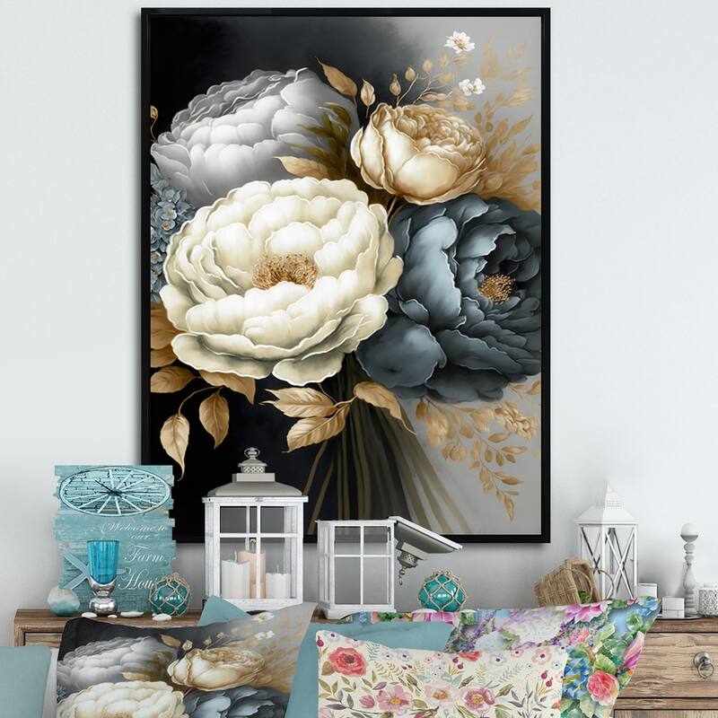 Designart "White, Blue And Grey Peony Bouquet III" Floral & Botanical Framed Canvas Art Print - 16 in. wide x 32 in. high - Black