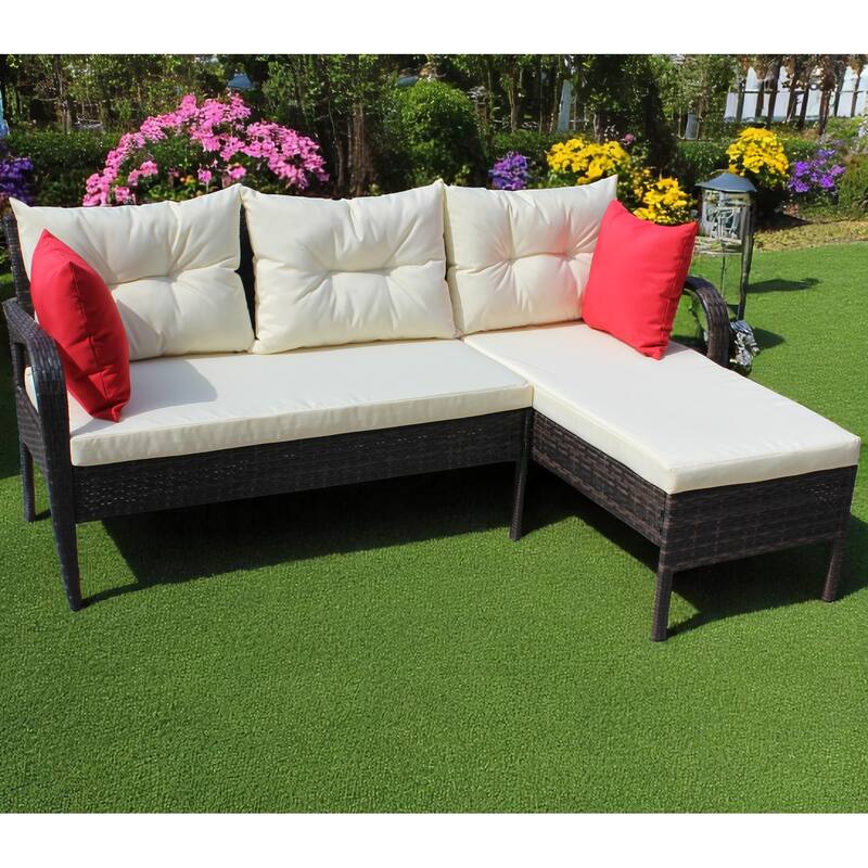 2-Piece Outdoor PE Wicker Sectional Sofa Set with Two-Seater & Lounger, Beige Cushions,Rattan Patio Furniture set - Rattan