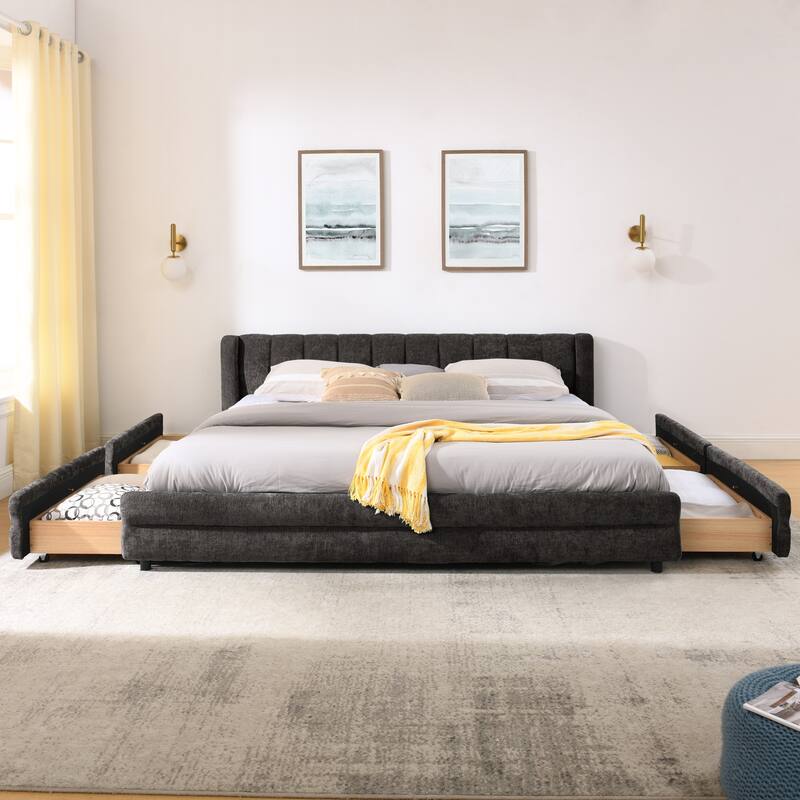King Size Upholstered Bed Frame with Thick Fabric, comfortable upholstered bed frame, Chenille fabric