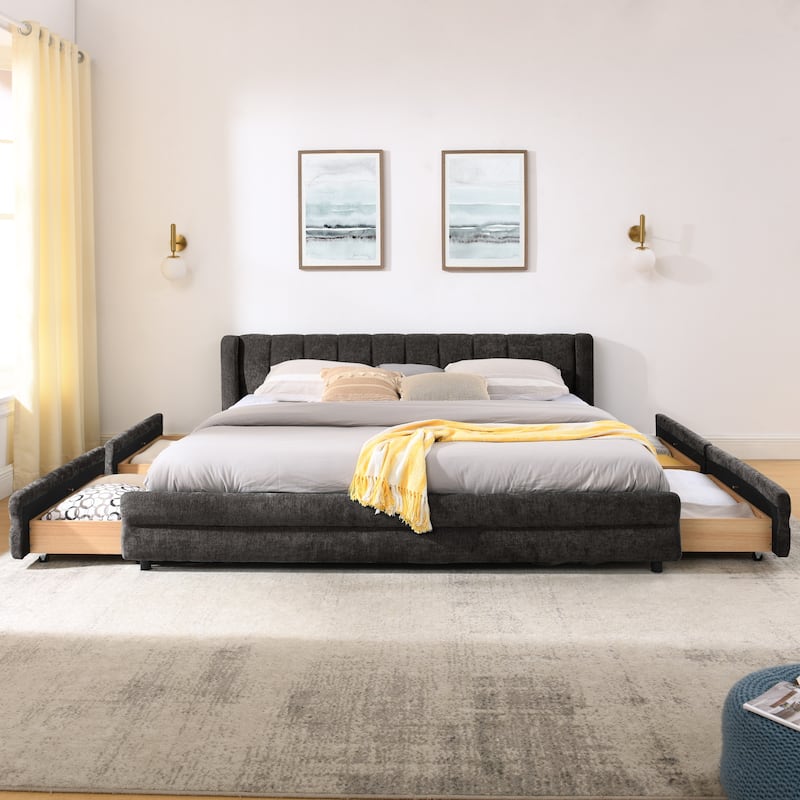 King Upholstered Bed Frame with Storage Drawer, Thick Padded Headboard & Solid Frame in Chenille Fabric - Dark Grey