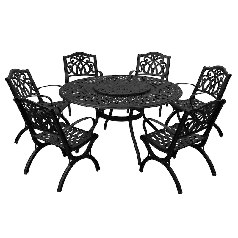 Modern Ornate Outdoor Mesh Aluminum 59-in Large Round Patio Dining Set with Lazy Susan and Six Chairs - N/A - Black