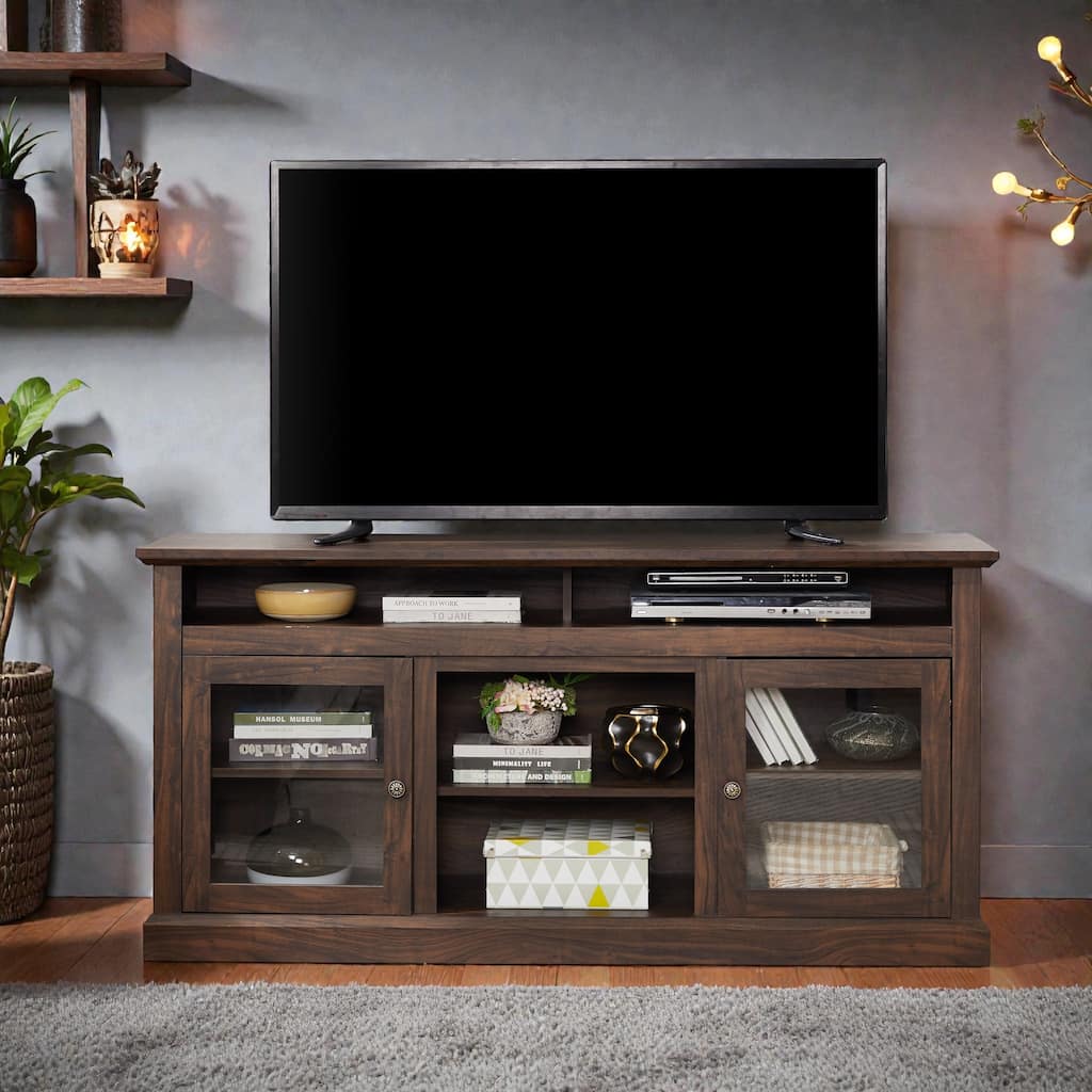 60" Modern Farmhouse TV Stand for 65 Inch TV, Media Console with Glass Doors and Storage for Living Room Entertainment Center