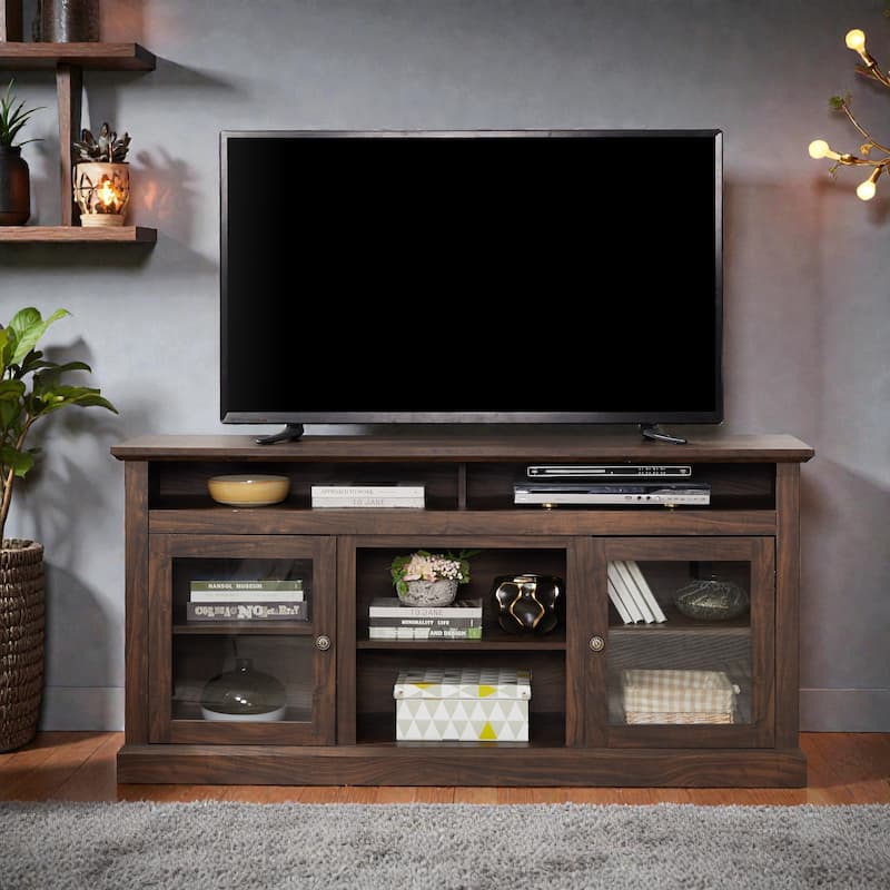 60" Modern Farmhouse TV Stand for 65 Inch TV, Media Console with Glass Doors and Storage for Living Room Entertainment Center - Brown