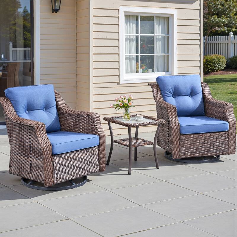Pocassy 3-Piece Patio Swivel Chair with Side Table - Brown Wicker Gray Cushion - 3-Piece Swivel Chair with Side Table