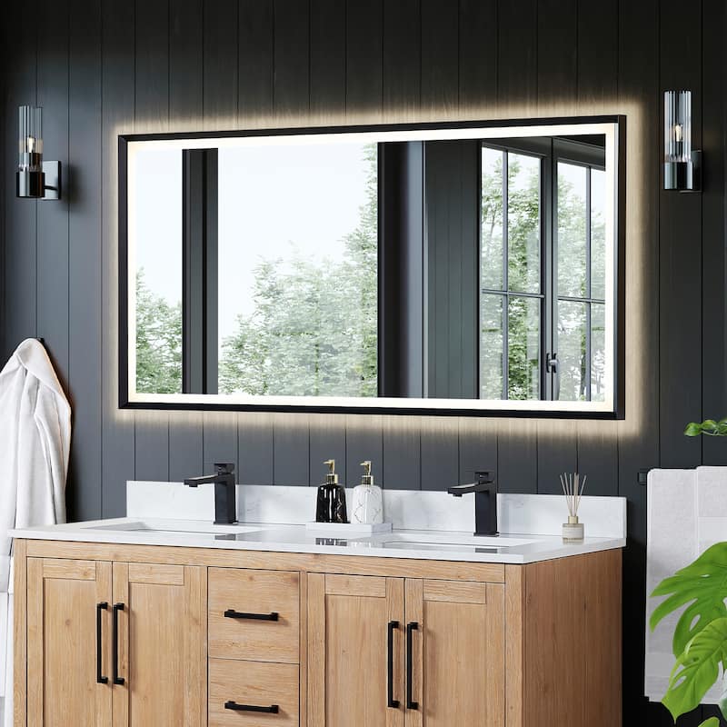 Apollo Rectangular Anti-Fog Dimmable Modern Bathroom/Vanity LED Lighted Wall Mirror in Matte Black Aluminum Framed
