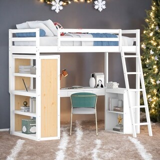 Multi-Functional Twin Size Loft Bed with Ladder, Shelves and Desk, Space-saving, Health and Comfort, Sturdy Construction, White