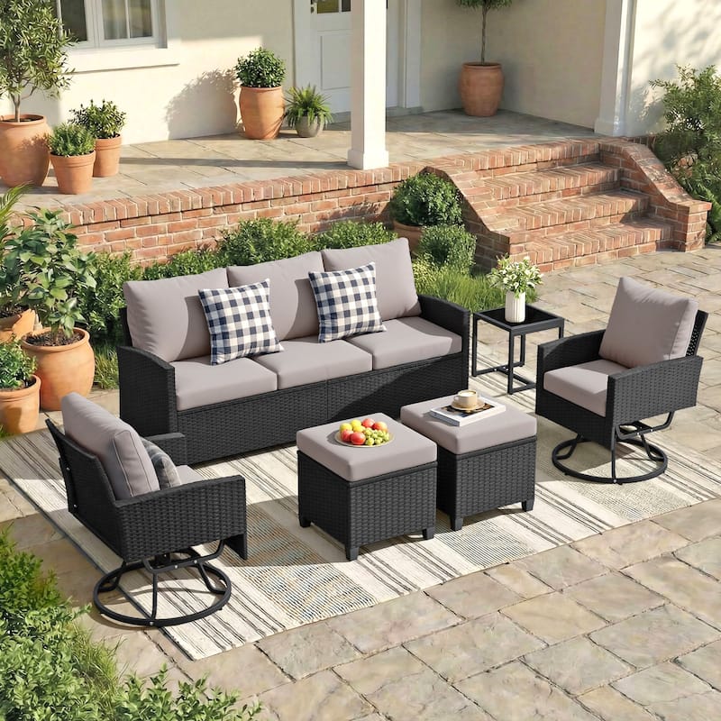 6-Piece Wicker Patio Conversation Set with Swivel Chairs - Gray