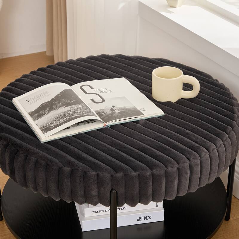 Modern Round Coffee Table with Open Storage Shelf with Black Metal Legs, for Living Room Bedroom Entryway
