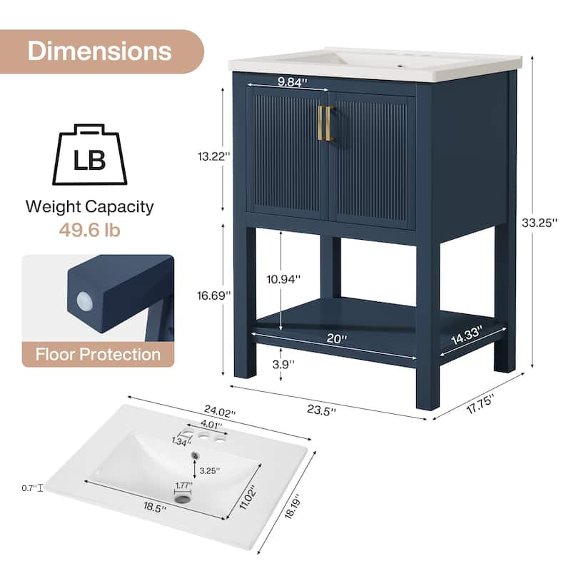 24" Single Bathroom Vanity with Ceramic Sink, Solid Rubberwood Frame & Open Storage Shelf