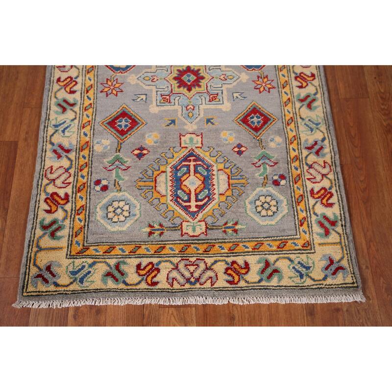 Geometric Kazak Runner Rug Hand-Knotted Grey Wool Carpet - 2'7" x 16'3"