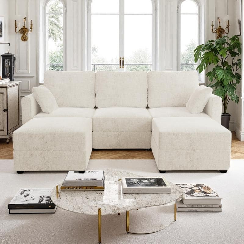 U-Shaped 3-Seater Sectional Sofa with 2 Storage Ottomans - Beige